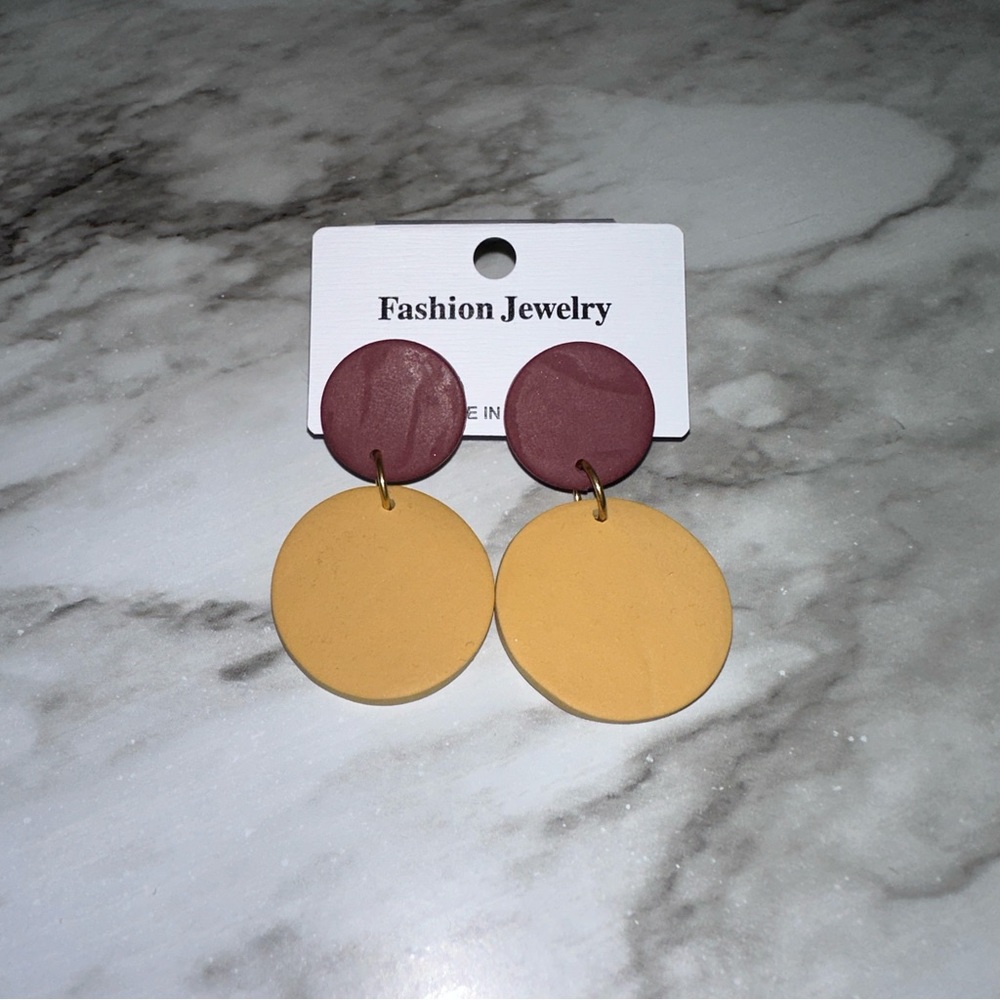Burgundy & Mustard Yellow Two-Tier Wooden Drop Earrings